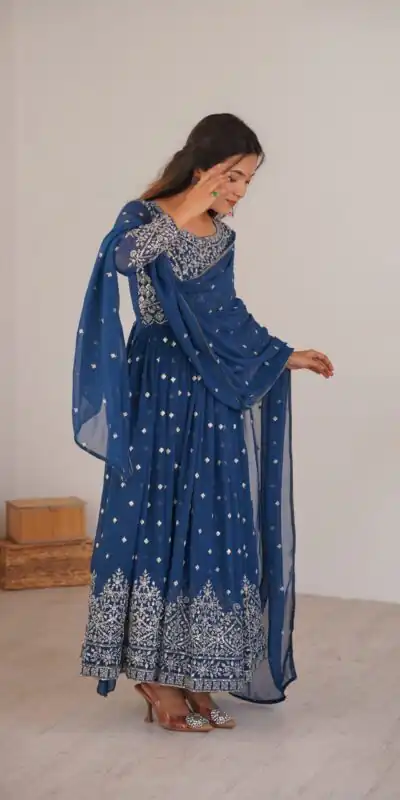 SP 81 Navy Blue| Faux Georgette Salwar Suit with Lace Work & Digital Print. Introductory Price ₹2449. Delivery 4-6 Working Days. Shop now. | Anarkali Suits, Bollywood Anarkali, Creative-Anarkali, Designer Anarkali, Embroidered Anarkali, Party Wear Anarkali, Salwar suit