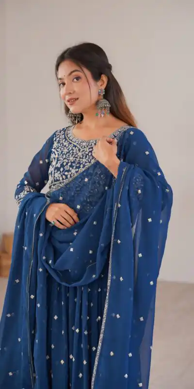 SP 81 Navy Blue| Faux Georgette Salwar Suit with Lace Work & Digital Print. Introductory Price ₹2449. Delivery 4-6 Working Days. Shop now. | Anarkali Suits, Bollywood Anarkali, Creative-Anarkali, Designer Anarkali, Embroidered Anarkali, Party Wear Anarkali, Salwar suit