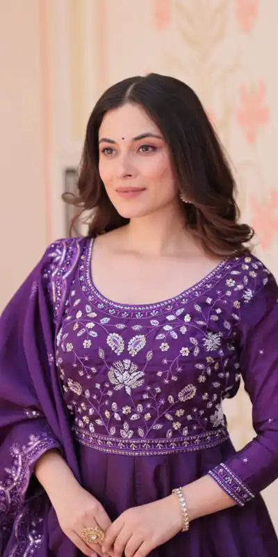 KA 1230 Purple in Gold Crush Zari Work & Embroidery Work Gown . Affordable Price ₹1999. Delivery 4-6 Working Days. Shop now. | Gowns, Bollywood Gowns, Creative Gowns, Designer Gowns, Embroidered Gowns, Party Wear Gowns