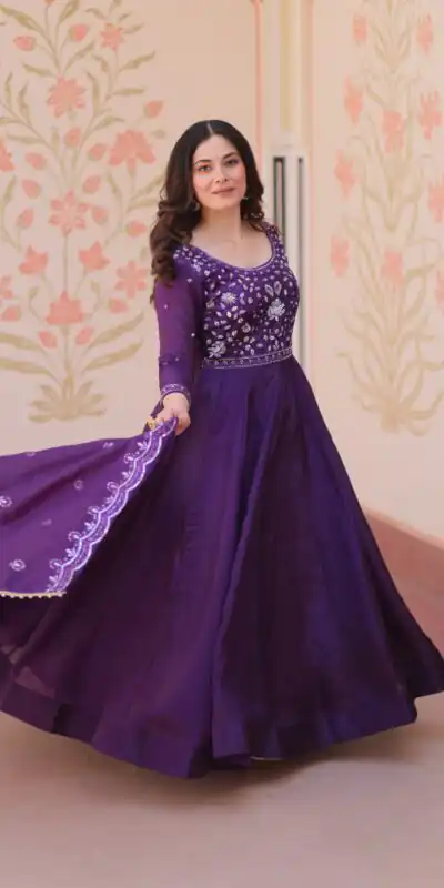 KA 1230 Purple in Gold Crush Zari Work & Embroidery Work Gown . Affordable Price ₹1999. Delivery 4-6 Working Days. Shop now. | Gowns, Bollywood Gowns, Creative Gowns, Designer Gowns, Embroidered Gowns, Party Wear Gowns