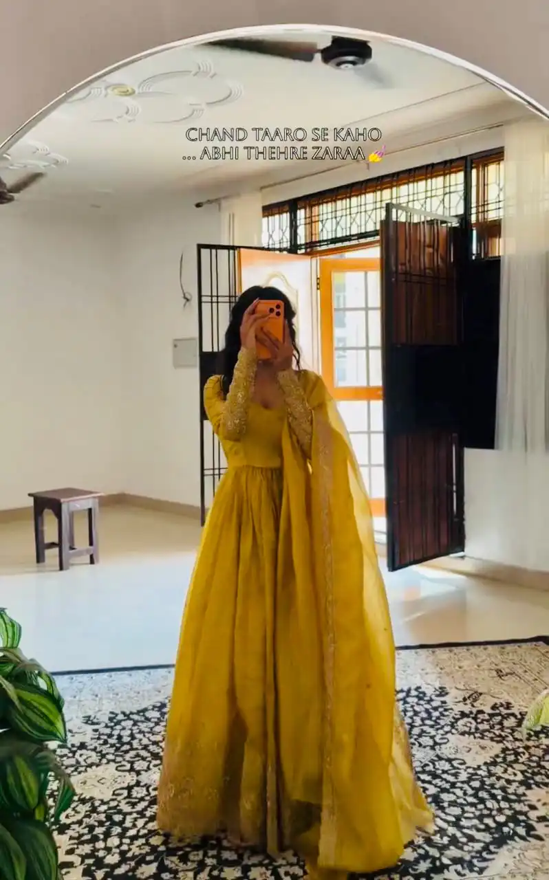 ZF 6012 Yellow in Gold Crush Zari Work & Embroidery Work Gown . Affordable Price ₹2149. Delivery 4-6 Working Days. Shop now. | Gowns, Bollywood Gowns, Creative Gowns, Designer Gowns, Embroidered Gowns, Party Wear Gowns