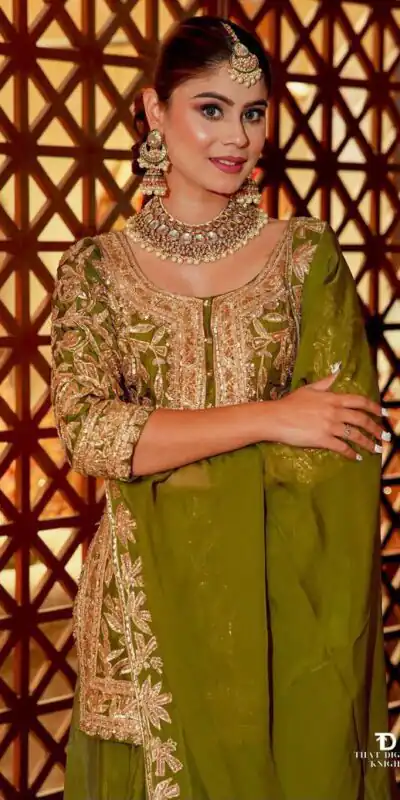 ZD 10095 Mehendi | Chinon Silk Salwar Suit with Sequins Work & Embroidery Work. Exclusive Offer ₹2449. Delivery 4-6 Working Days. Shop now. | Jump Suits, Salwar suit, Casual Suits, Creative suits, Designer Suits, Palazzo Suits, Party Wear Suits, Patiala Suits, Straight Suits
