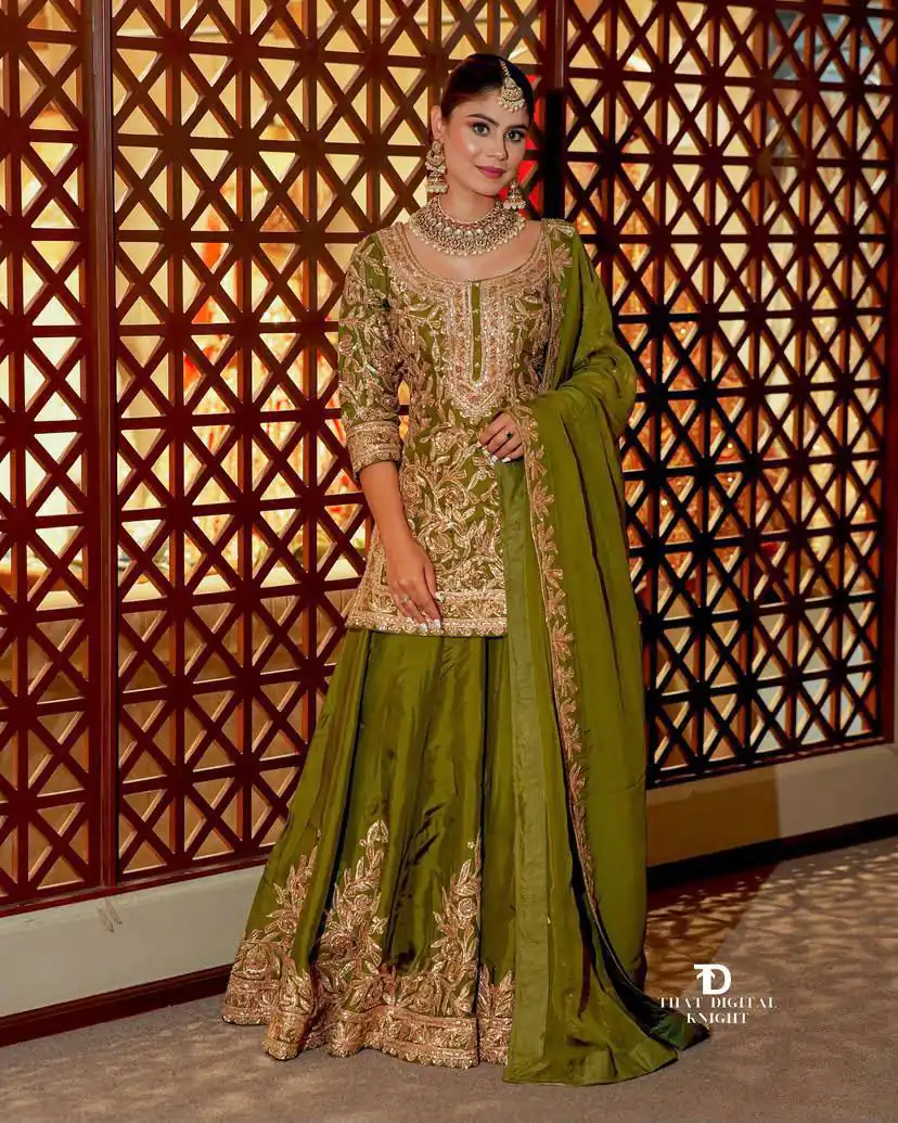 ZD 10095 Mehendi | Chinon Silk Salwar Suit with Sequins Work & Embroidery Work. Exclusive Offer ₹2449. Delivery 4-6 Working Days. Shop now. | Jump Suits, Salwar suit, Casual Suits, Creative suits, Designer Suits, Palazzo Suits, Party Wear Suits, Patiala Suits, Straight Suits