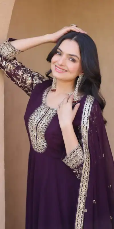 KA 1253 Wine Faux Blooming Gown Perfect for Wedding, Party, Ethnic Day, Mehendi, Eid – . Now at just ₹2399. Delivery 4-6 Working Days. Shop now. | Gowns, Bollywood Gowns, Creative Gowns, Designer Gowns, Embroidered Gowns, Party Wear Gowns
