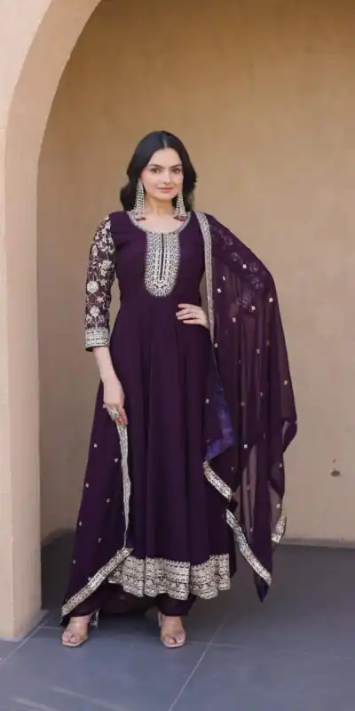 KA 1253 Wine Faux Blooming Gown Perfect for Wedding, Party, Ethnic Day, Mehendi, Eid – . Now at just ₹2399. Delivery 4-6 Working Days. Shop now. | Gowns, Bollywood Gowns, Creative Gowns, Designer Gowns, Embroidered Gowns, Party Wear Gowns