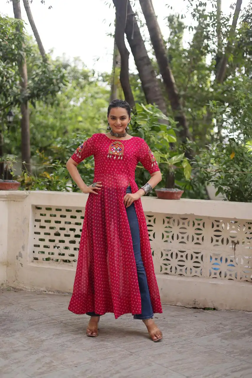 KA 1193 Pink Fox Georgette Kurti with Lace Work & Mirror Work. Affordable Price ₹1619. Delivery 4-6 Working Days. Shop now. | Kurti, Bollywood Kurti, Creative Kurtis, Designer Kurti, Party Wear Kurti, Selfie Kurti