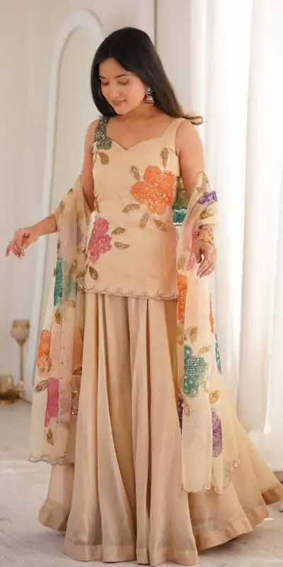 KD 1625 Chiku | Tabby Organza Silk Salwar Suit with Designer Work. Exclusive Offer ₹2099. Delivery 4-6 Working Days. Shop now. | Jump Suits, Salwar suit, Casual Suits, Creative suits, Designer Suits, Palazzo Suits, Party Wear Suits, Patiala Suits, Straight Suits