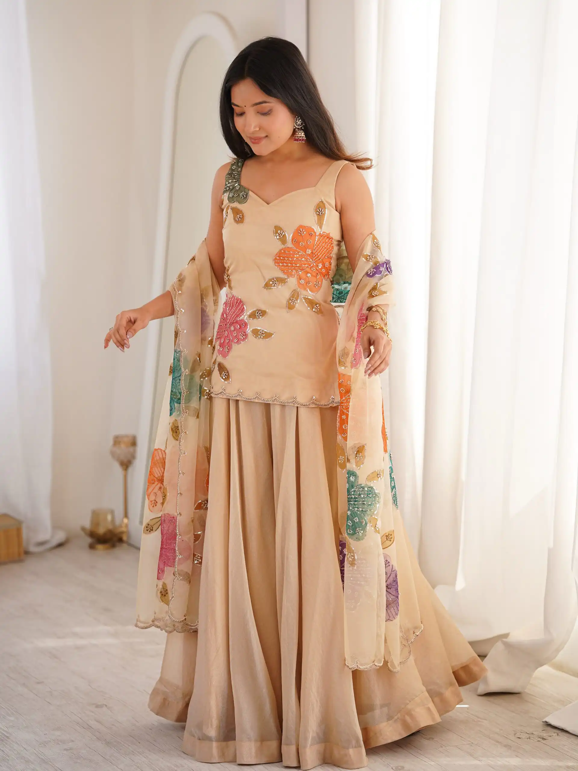 KD 1625 Chiku | Tabby Organza Silk Salwar Suit with Designer Work. Exclusive Offer ₹2099. Delivery 4-6 Working Days. Shop now. | Jump Suits, Salwar suit, Casual Suits, Creative suits, Designer Suits, Palazzo Suits, Party Wear Suits, Patiala Suits, Straight Suits
