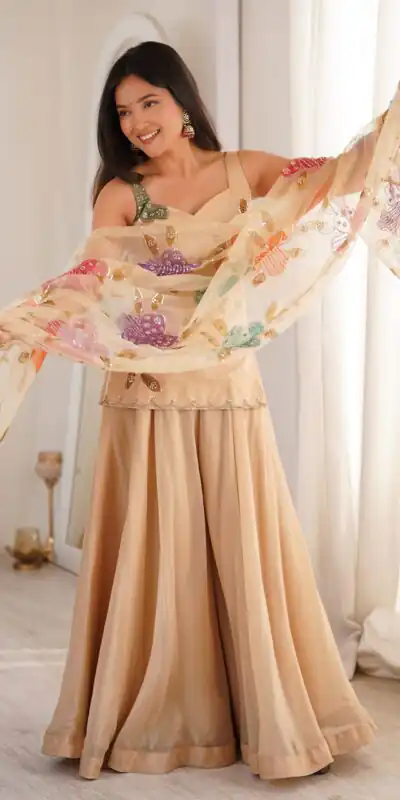 KD 1625 Chiku | Tabby Organza Silk Salwar Suit with Designer Work. Exclusive Offer ₹2099. Delivery 4-6 Working Days. Shop now. | Jump Suits, Salwar suit, Casual Suits, Creative suits, Designer Suits, Palazzo Suits, Party Wear Suits, Patiala Suits, Straight Suits