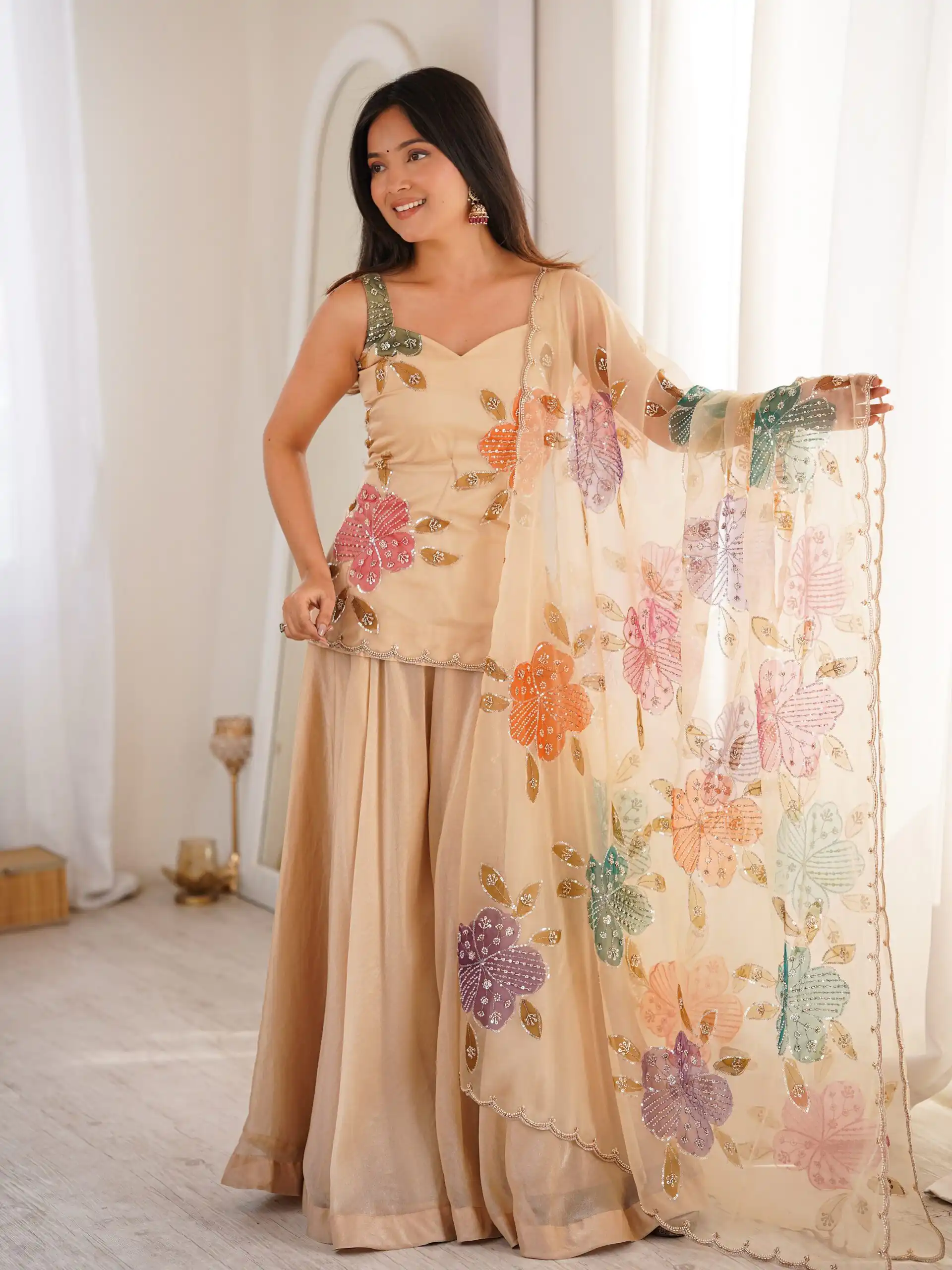 KD 1625 Chiku | Tabby Organza Silk Salwar Suit with Designer Work. Exclusive Offer ₹2099. Delivery 4-6 Working Days. Shop now. | Jump Suits, Salwar suit, Casual Suits, Creative suits, Designer Suits, Palazzo Suits, Party Wear Suits, Patiala Suits, Straight Suits