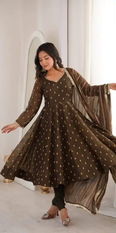 ZF 5021 Brown in Crunchy Silk Embroidery Work & Lace Work Gown . Special Price ₹2099. Delivery 4-6 Working Days. Shop now. | Gowns, Bollywood Gowns, Creative Gowns, Designer Gowns, Embroidered Gowns, Party Wear Gowns