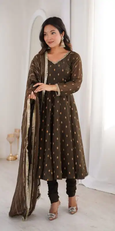 ZF 5021 Brown in Crunchy Silk Embroidery Work & Lace Work Gown . Special Price ₹2099. Delivery 4-6 Working Days. Shop now. | Gowns, Bollywood Gowns, Creative Gowns, Designer Gowns, Embroidered Gowns, Party Wear Gowns