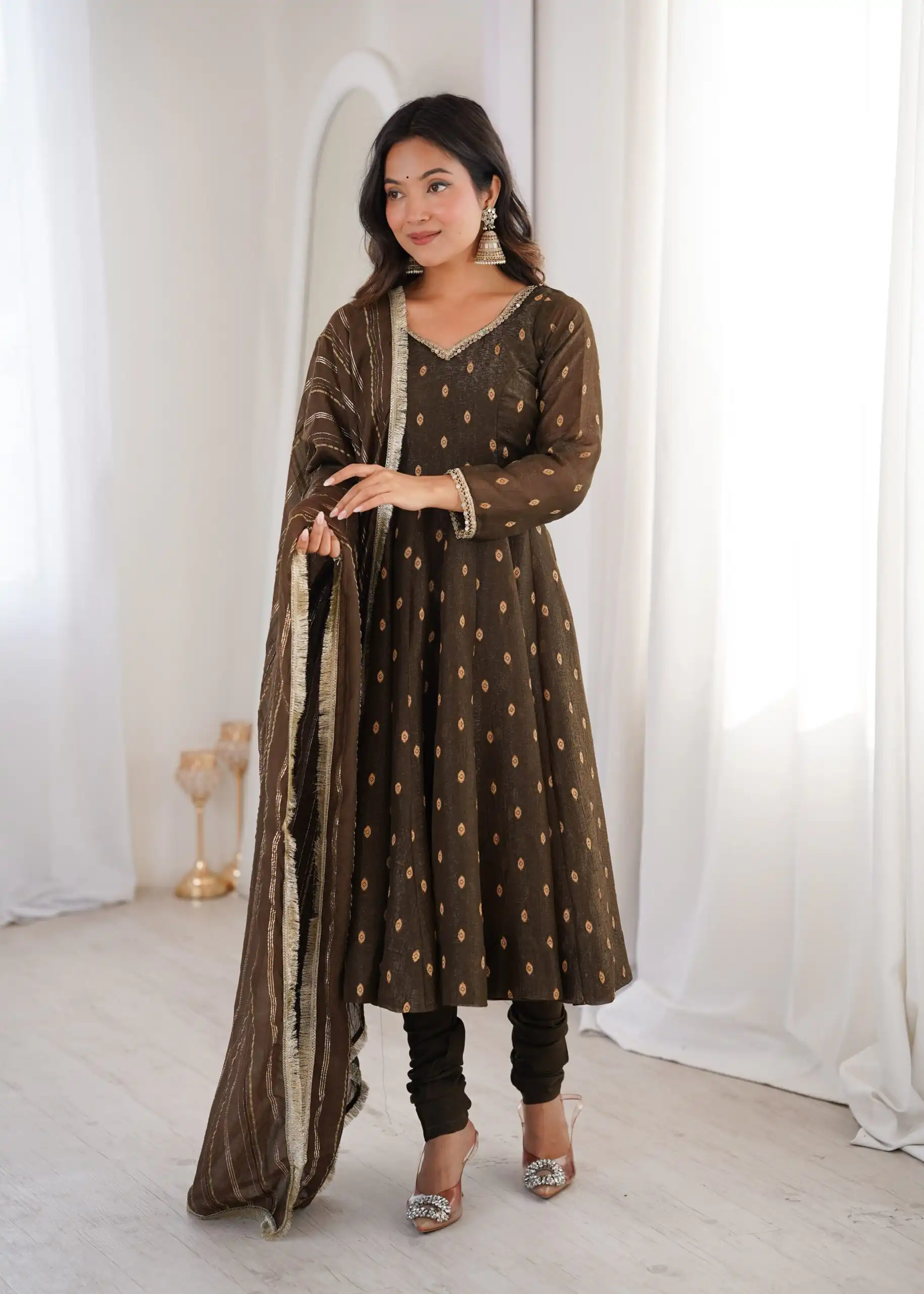 ZF 5021 Brown in Crunchy Silk Embroidery Work & Lace Work Gown . Special Price ₹2099. Delivery 4-6 Working Days. Shop now. | Gowns, Bollywood Gowns, Creative Gowns, Designer Gowns, Embroidered Gowns, Party Wear Gowns