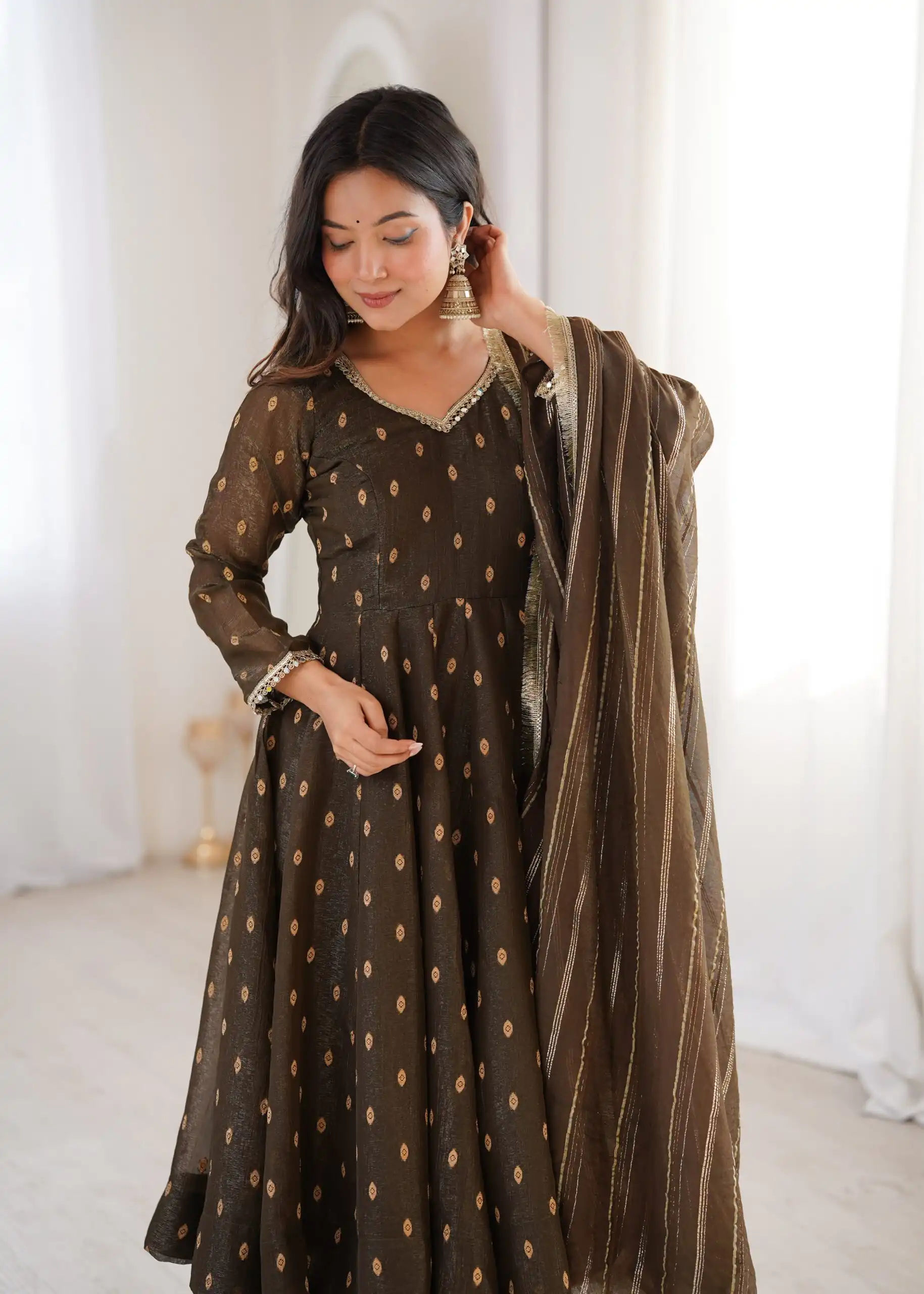 ZF 5021 Brown in Crunchy Silk Embroidery Work & Lace Work Gown . Special Price ₹2099. Delivery 4-6 Working Days. Shop now. | Gowns, Bollywood Gowns, Creative Gowns, Designer Gowns, Embroidered Gowns, Party Wear Gowns