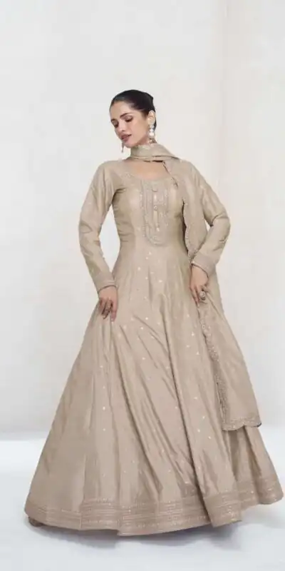 FC 10011 Cream Vichitra Silk Gown Perfect for Wedding, Party, Holi, Anniversary, Mehendi –. Grab it for ₹2649. Delivery 4-6 Working Days. Shop now. | Gowns, Bollywood Gowns, Creative Gowns, Designer Gowns, Embroidered Gowns, Party Wear Gowns
