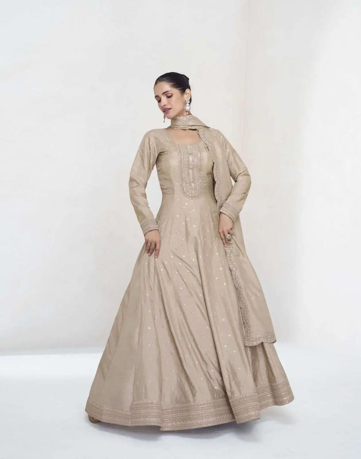 FC 10011 Cream Vichitra Silk Gown Perfect for Wedding, Party, Holi, Anniversary, Mehendi –. Grab it for ₹2649. Delivery 4-6 Working Days. Shop now. | Gowns, Bollywood Gowns, Creative Gowns, Designer Gowns, Embroidered Gowns, Party Wear Gowns