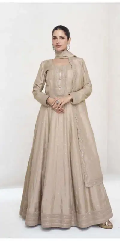 FC 10011 Cream Vichitra Silk Gown Perfect for Wedding, Party, Holi, Anniversary, Mehendi –. Grab it for ₹2649. Delivery 4-6 Working Days. Shop now. | Gowns, Bollywood Gowns, Creative Gowns, Designer Gowns, Embroidered Gowns, Party Wear Gowns
