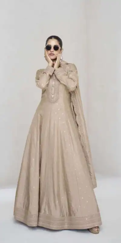 FC 10011 Cream Vichitra Silk Gown Perfect for Wedding, Party, Holi, Anniversary, Mehendi –. Grab it for ₹2649. Delivery 4-6 Working Days. Shop now. | Gowns, Bollywood Gowns, Creative Gowns, Designer Gowns, Embroidered Gowns, Party Wear Gowns