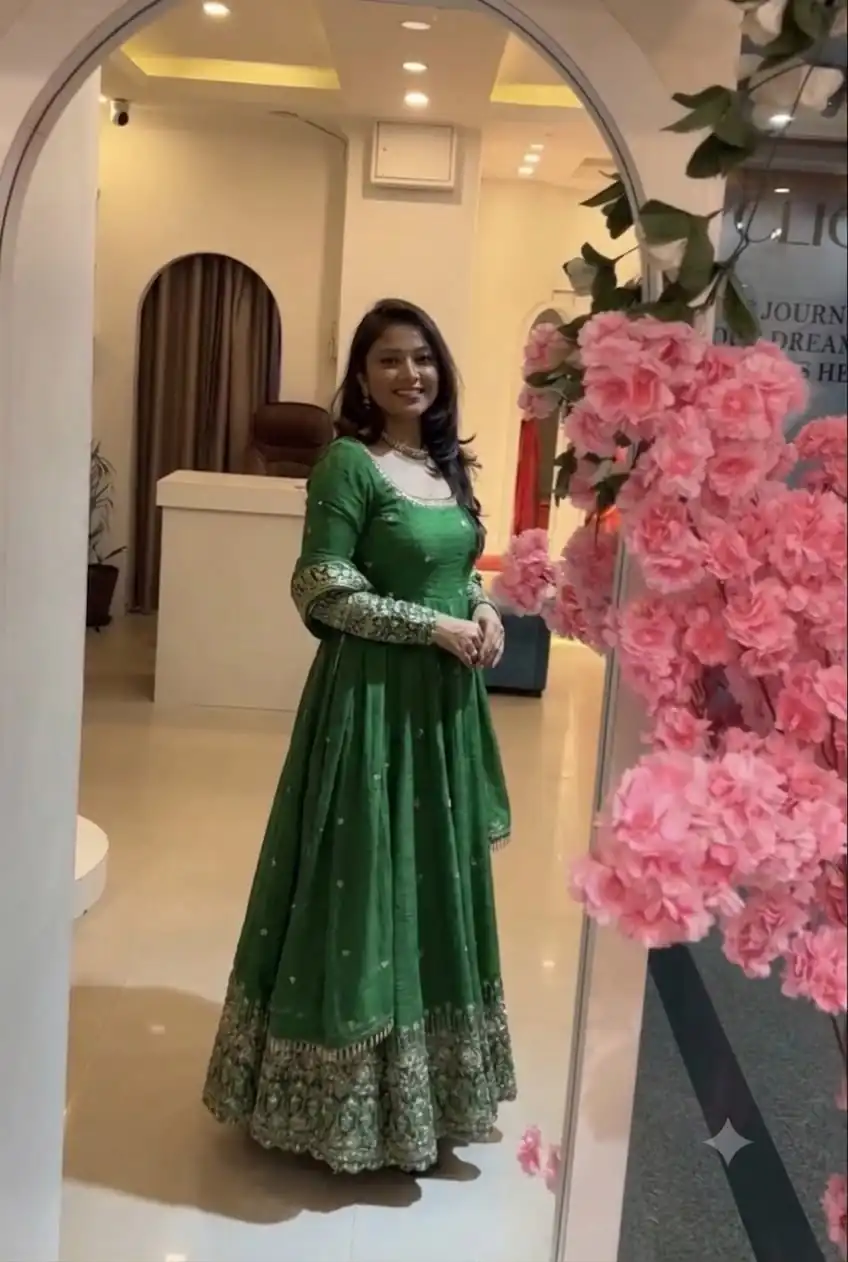 SSR 544 Green in Crunchy Silk Embroidery Work & Lace Work Gown . Special Price ₹2399. Delivery 4-6 Working Days. Shop now. | Gowns, Bollywood Gowns, Creative Gowns, Designer Gowns, Embroidered Gowns, Party Wear Gowns