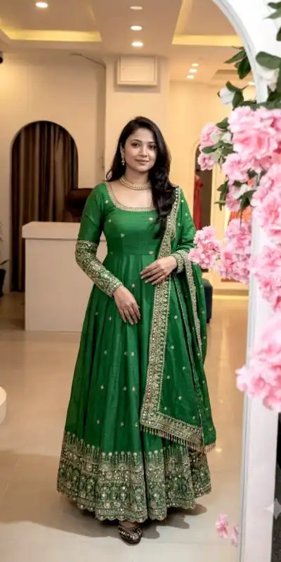 SSR 544 Green in Crunchy Silk Embroidery Work & Lace Work Gown . Special Price ₹2399. Delivery 4-6 Working Days. Shop now. | Gowns, Bollywood Gowns, Creative Gowns, Designer Gowns, Embroidered Gowns, Party Wear Gowns