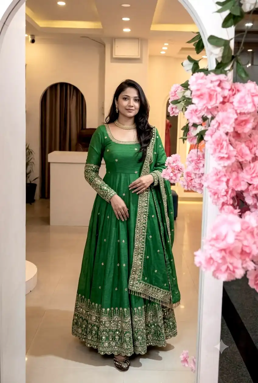 SSR 544 Green in Crunchy Silk Embroidery Work & Lace Work Gown . Special Price ₹2399. Delivery 4-6 Working Days. Shop now. | Gowns, Bollywood Gowns, Creative Gowns, Designer Gowns, Embroidered Gowns, Party Wear Gowns