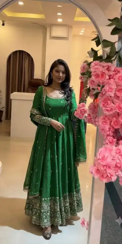 SSR 544 Green in Crunchy Silk Embroidery Work & Lace Work Gown . Special Price ₹2399. Delivery 4-6 Working Days. Shop now. | Gowns, Bollywood Gowns, Creative Gowns, Designer Gowns, Embroidered Gowns, Party Wear Gowns