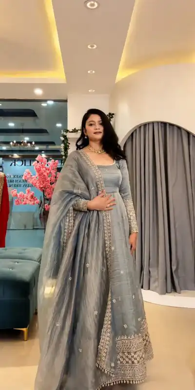 SSR 547 Grey in Crunchy Silk Embroidery Work & Lace Work Gown . Special Price ₹2399. Delivery 4-6 Working Days. Shop now. | Gowns, Bollywood Gowns, Creative Gowns, Designer Gowns, Embroidered Gowns, Party Wear Gowns