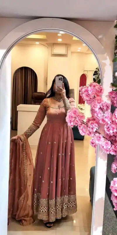 SSR 547 Peach in Crunchy Silk Embroidery Work & Lace Work Gown . Special Price ₹2399. Delivery 4-6 Working Days. Shop now. | Gowns, Bollywood Gowns, Creative Gowns, Designer Gowns, Embroidered Gowns, Party Wear Gowns