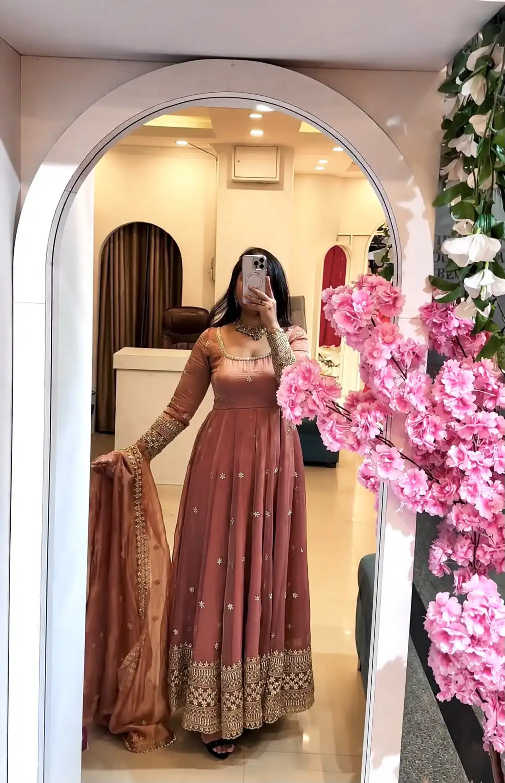 SSR 547 Peach in Crunchy Silk Embroidery Work & Lace Work Gown . Special Price ₹2399. Delivery 4-6 Working Days. Shop now. | Gowns, Bollywood Gowns, Creative Gowns, Designer Gowns, Embroidered Gowns, Party Wear Gowns