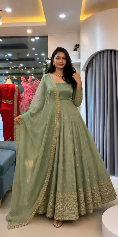 SSR 547 Pista in Crunchy Silk Embroidery Work & Lace Work Gown . Special Price ₹2399. Delivery 4-6 Working Days. Shop now. | Gowns, Bollywood Gowns, Creative Gowns, Designer Gowns, Embroidered Gowns, Party Wear Gowns