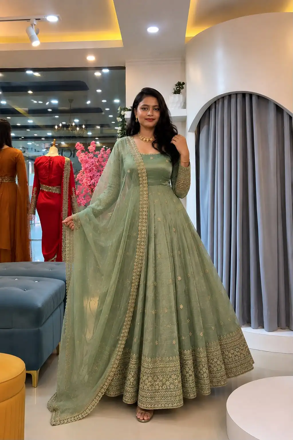 SSR 547 Pista in Crunchy Silk Embroidery Work & Lace Work Gown . Special Price ₹2399. Delivery 4-6 Working Days. Shop now. | Gowns, Bollywood Gowns, Creative Gowns, Designer Gowns, Embroidered Gowns, Party Wear Gowns