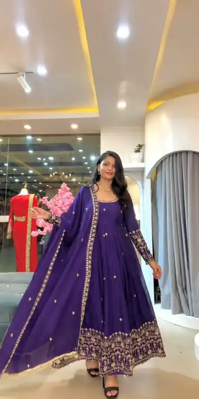 SSR 544 Purple in Crunchy Silk Embroidery Work & Lace Work Gown . Special Price ₹2399. Delivery 4-6 Working Days. Shop now. | Gowns, Bollywood Gowns, Creative Gowns, Designer Gowns, Embroidered Gowns, Party Wear Gowns