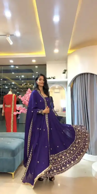 SSR 544 Purple in Crunchy Silk Embroidery Work & Lace Work Gown . Special Price ₹2399. Delivery 4-6 Working Days. Shop now. | Gowns, Bollywood Gowns, Creative Gowns, Designer Gowns, Embroidered Gowns, Party Wear Gowns