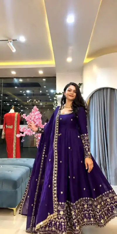 SSR 544 Purple in Crunchy Silk Embroidery Work & Lace Work Gown . Special Price ₹2399. Delivery 4-6 Working Days. Shop now. | Gowns, Bollywood Gowns, Creative Gowns, Designer Gowns, Embroidered Gowns, Party Wear Gowns