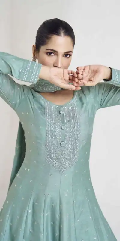 FC 10011 Sky Blue Vichitra Silk Gown Perfect for Wedding, Party, Holi, Anniversary, Mehendi –. Grab it for ₹2649. Delivery 4-6 Working Days. Shop now. | Gowns, Bollywood Gowns, Creative Gowns, Designer Gowns, Embroidered Gowns, Party Wear Gowns