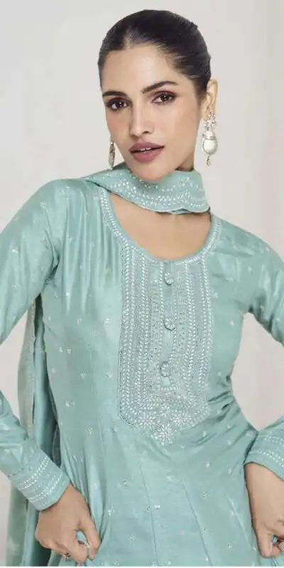 FC 10011 Sky Blue Vichitra Silk Gown Perfect for Wedding, Party, Holi, Anniversary, Mehendi –. Grab it for ₹2649. Delivery 4-6 Working Days. Shop now. | Gowns, Bollywood Gowns, Creative Gowns, Designer Gowns, Embroidered Gowns, Party Wear Gowns