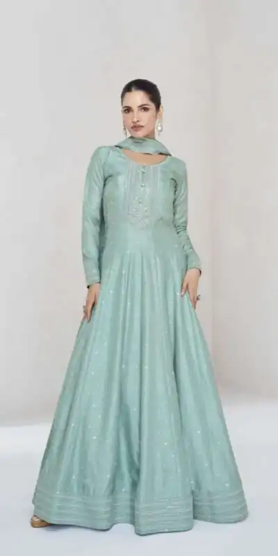 FC 10011 Sky Blue Vichitra Silk Gown Perfect for Wedding, Party, Holi, Anniversary, Mehendi –. Grab it for ₹2649. Delivery 4-6 Working Days. Shop now. | Gowns, Bollywood Gowns, Creative Gowns, Designer Gowns, Embroidered Gowns, Party Wear Gowns