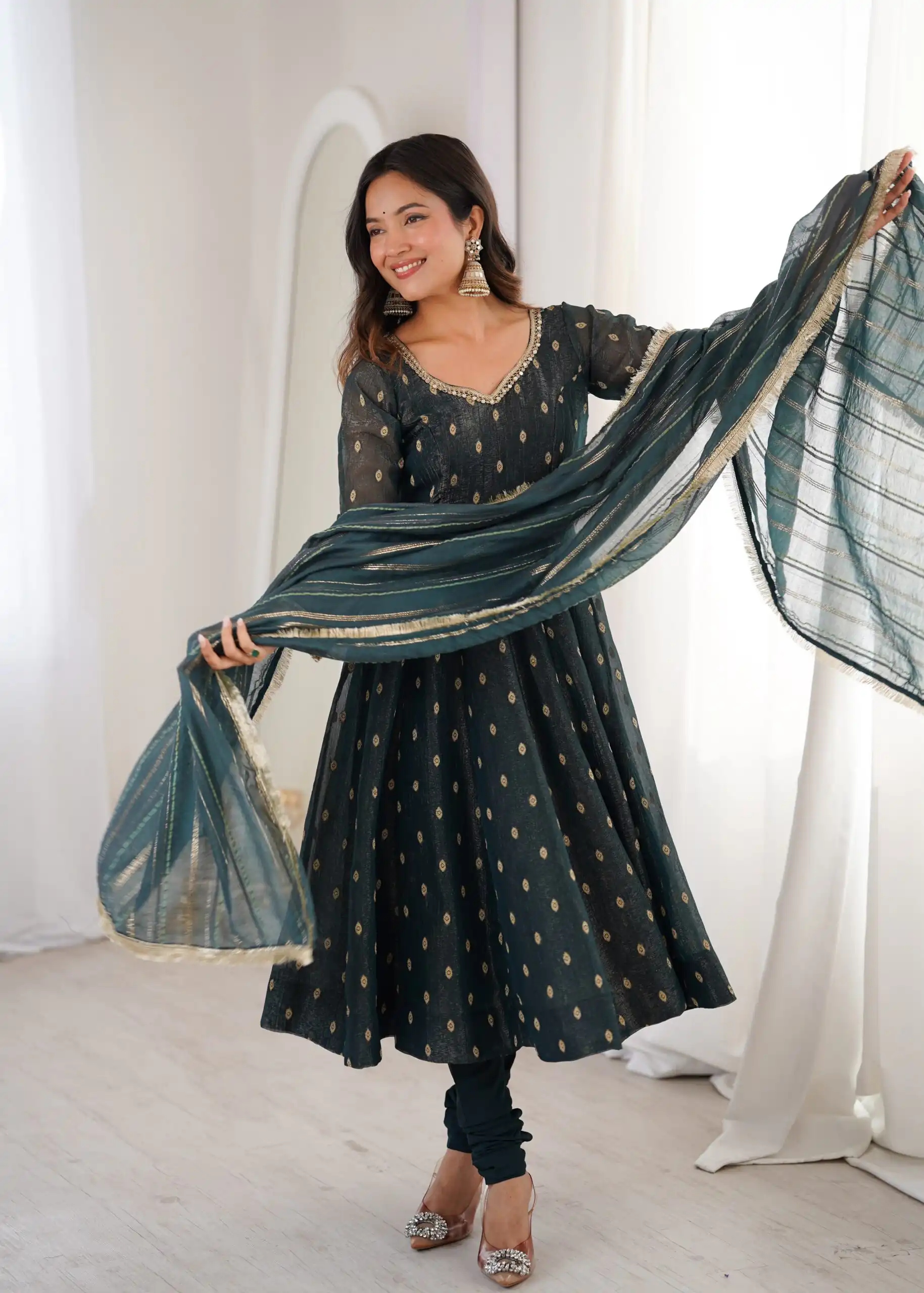 ZF 5021 Teal in Crunchy Silk Embroidery Work & Lace Work Gown . Special Price ₹2099. Delivery 4-6 Working Days. Shop now. | Gowns, Bollywood Gowns, Creative Gowns, Designer Gowns, Embroidered Gowns, Party Wear Gowns