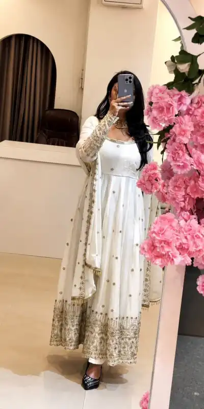 SSR 544 White in Crunchy Silk Embroidery Work & Lace Work Gown . Special Price ₹2399. Delivery 4-6 Working Days. Shop now. | Gowns, Bollywood Gowns, Creative Gowns, Designer Gowns, Embroidered Gowns, Party Wear Gowns