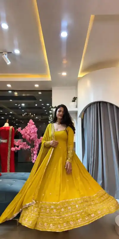 SSR 544 Yellow in Crunchy Silk Embroidery Work & Lace Work Gown . Special Price ₹2399. Delivery 4-6 Working Days. Shop now. | Gowns, Bollywood Gowns, Creative Gowns, Designer Gowns, Embroidered Gowns, Party Wear Gowns