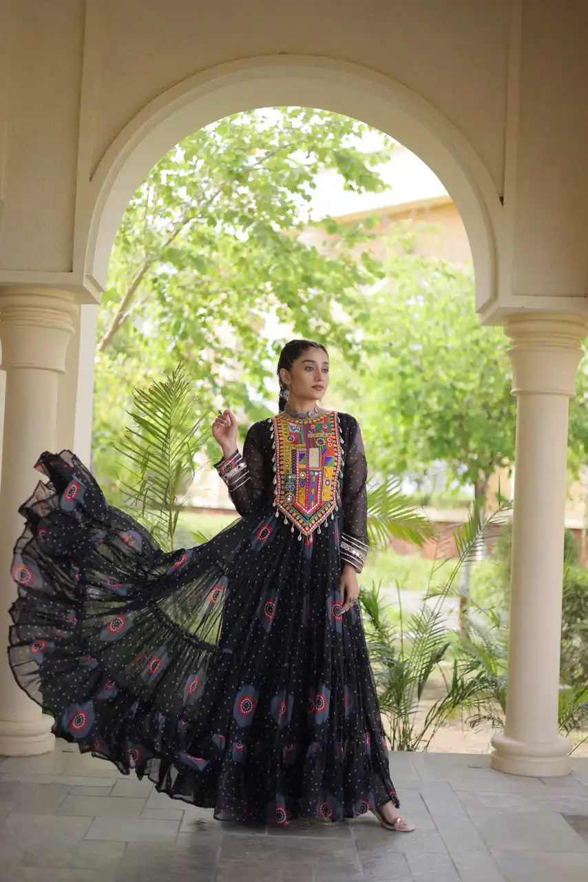 KA 1267 Black in Colour Faux Georgette Bandhani Print Work Gown. Available at ₹1919 only. Delivery 4-6 Working Days. Shop now. | Gowns, Bollywood Gowns, Creative Gowns, Designer Gowns, Embroidered Gowns, Party Wear Gowns