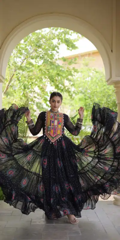 KA 1267 Black in Colour Faux Georgette Bandhani Print Work Gown. Available at ₹1919 only. Delivery 4-6 Working Days. Shop now. | Gowns, Bollywood Gowns, Creative Gowns, Designer Gowns, Embroidered Gowns, Party Wear Gowns