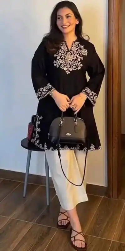 MF 1000 Black Colour Rayon Cotton Kurti with Embroidery Work. Introductory Price ₹1449. Delivery 4-6 Working Days. Shop now. | Kurti, Bollywood Kurti, Creative Kurtis, Designer Kurti, Party Wear Kurti, Selfie Kurti
