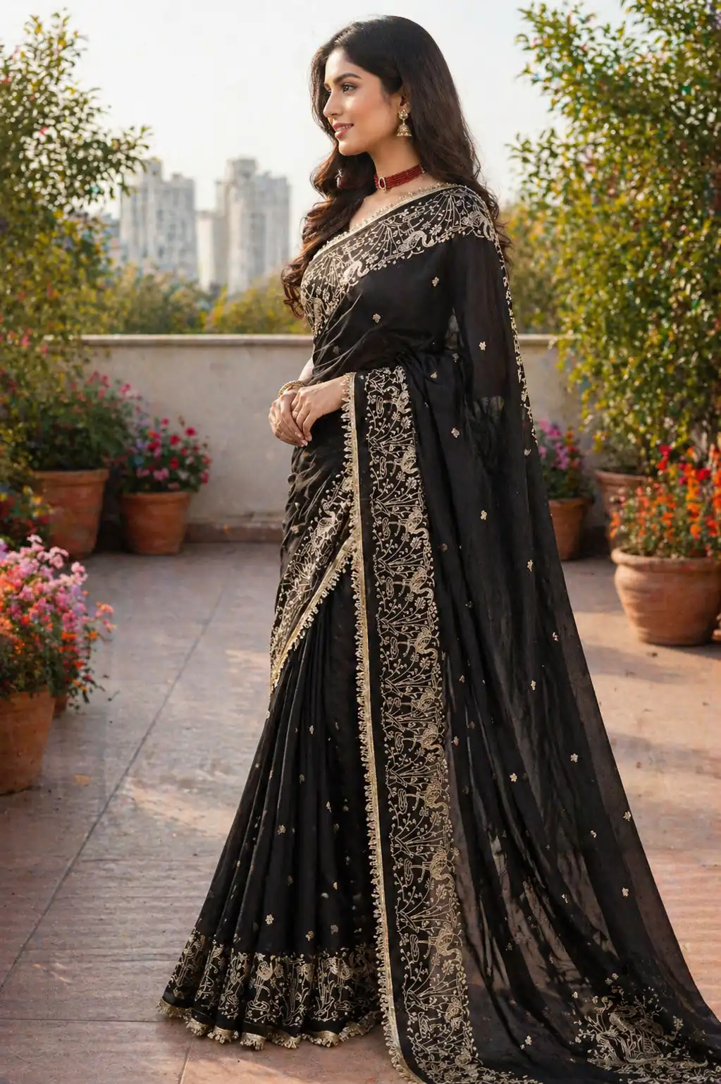 BT 446 Black Black Star Georgette Saree with Lace Work & Embroidery Work. Festive Deal ₹1799. Delivery 4-6 Working Days. Shop now. | Designer Sarees, Modern Digital sarees, Sarees, Bollywood Sarees, Creative Sarees, Embroidered Sarees, Ethnic Saree, Party Wear Sarees