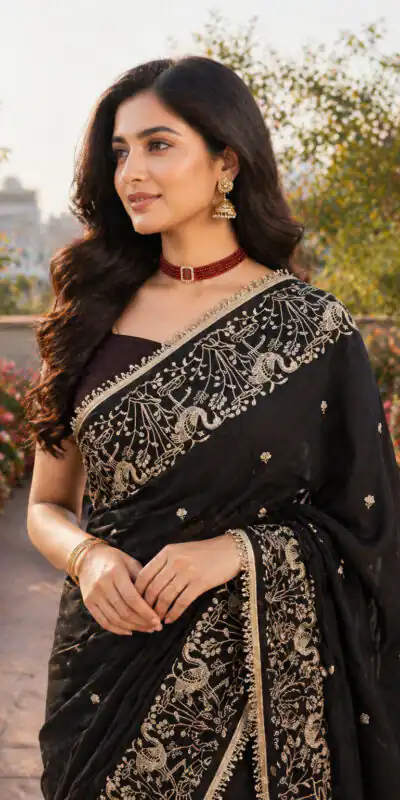 BT 446 Black Black Star Georgette Saree with Lace Work & Embroidery Work. Festive Deal ₹1799. Delivery 4-6 Working Days. Shop now. | Designer Sarees, Modern Digital sarees, Sarees, Bollywood Sarees, Creative Sarees, Embroidered Sarees, Ethnic Saree, Party Wear Sarees