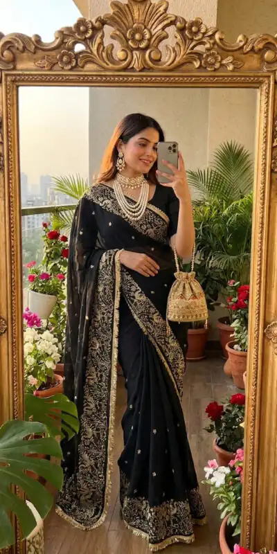 BT 446 Black Black Star Georgette Saree with Lace Work & Embroidery Work. Festive Deal ₹1799. Delivery 4-6 Working Days. Shop now. | Designer Sarees, Modern Digital sarees, Sarees, Bollywood Sarees, Creative Sarees, Embroidered Sarees, Ethnic Saree, Party Wear Sarees