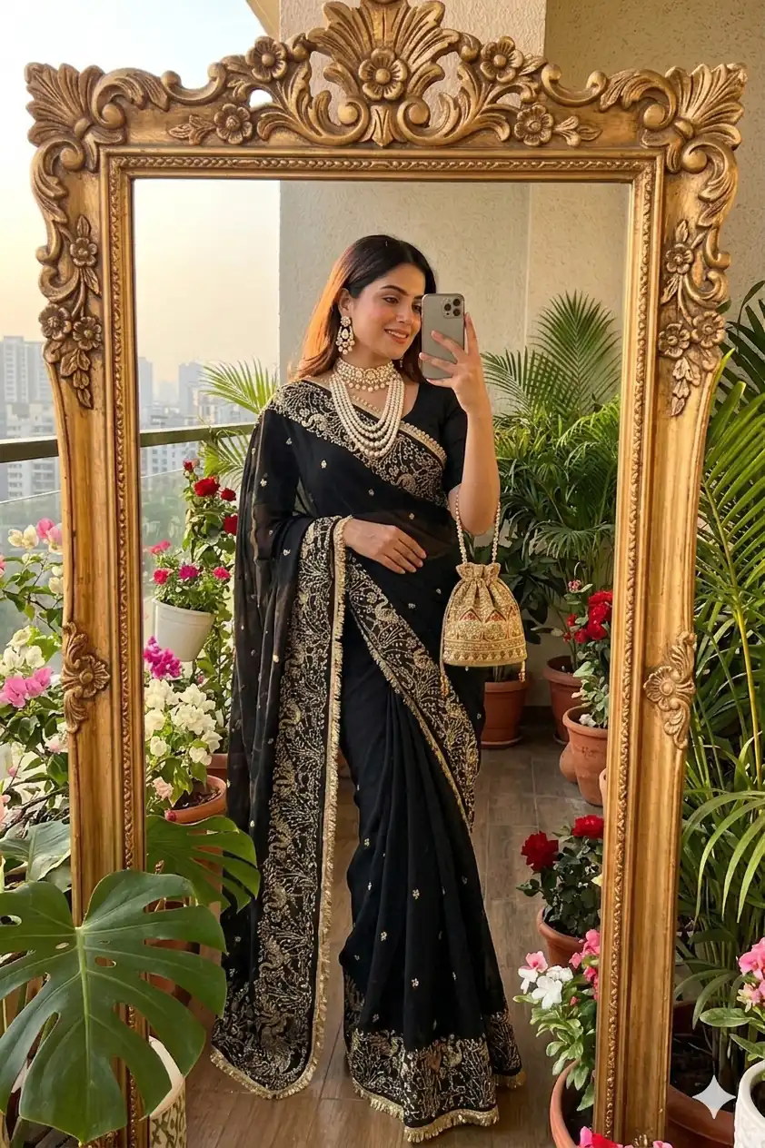 BT 446 Black Black Star Georgette Saree with Lace Work & Embroidery Work. Festive Deal ₹1799. Delivery 4-6 Working Days. Shop now. | Designer Sarees, Modern Digital sarees, Sarees, Bollywood Sarees, Creative Sarees, Embroidered Sarees, Ethnic Saree, Party Wear Sarees