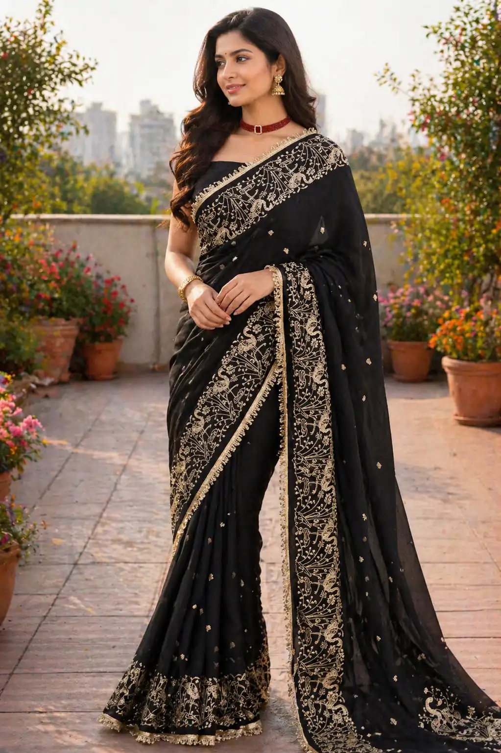 BT 446 Black Black Star Georgette Saree with Lace Work & Embroidery Work. Festive Deal ₹1799. Delivery 4-6 Working Days. Shop now. | Designer Sarees, Modern Digital sarees, Sarees, Bollywood Sarees, Creative Sarees, Embroidered Sarees, Ethnic Saree, Party Wear Sarees