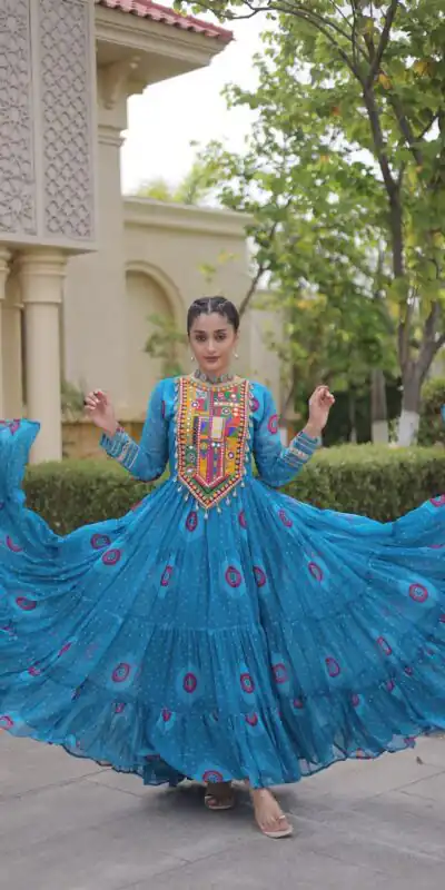 KA 1267 Blue in Colour Faux Georgette Bandhani Print Work Gown. Available at ₹1919 only. Delivery 4-6 Working Days. Shop now. | Gowns, Bollywood Gowns, Creative Gowns, Designer Gowns, Embroidered Gowns, Party Wear Gowns