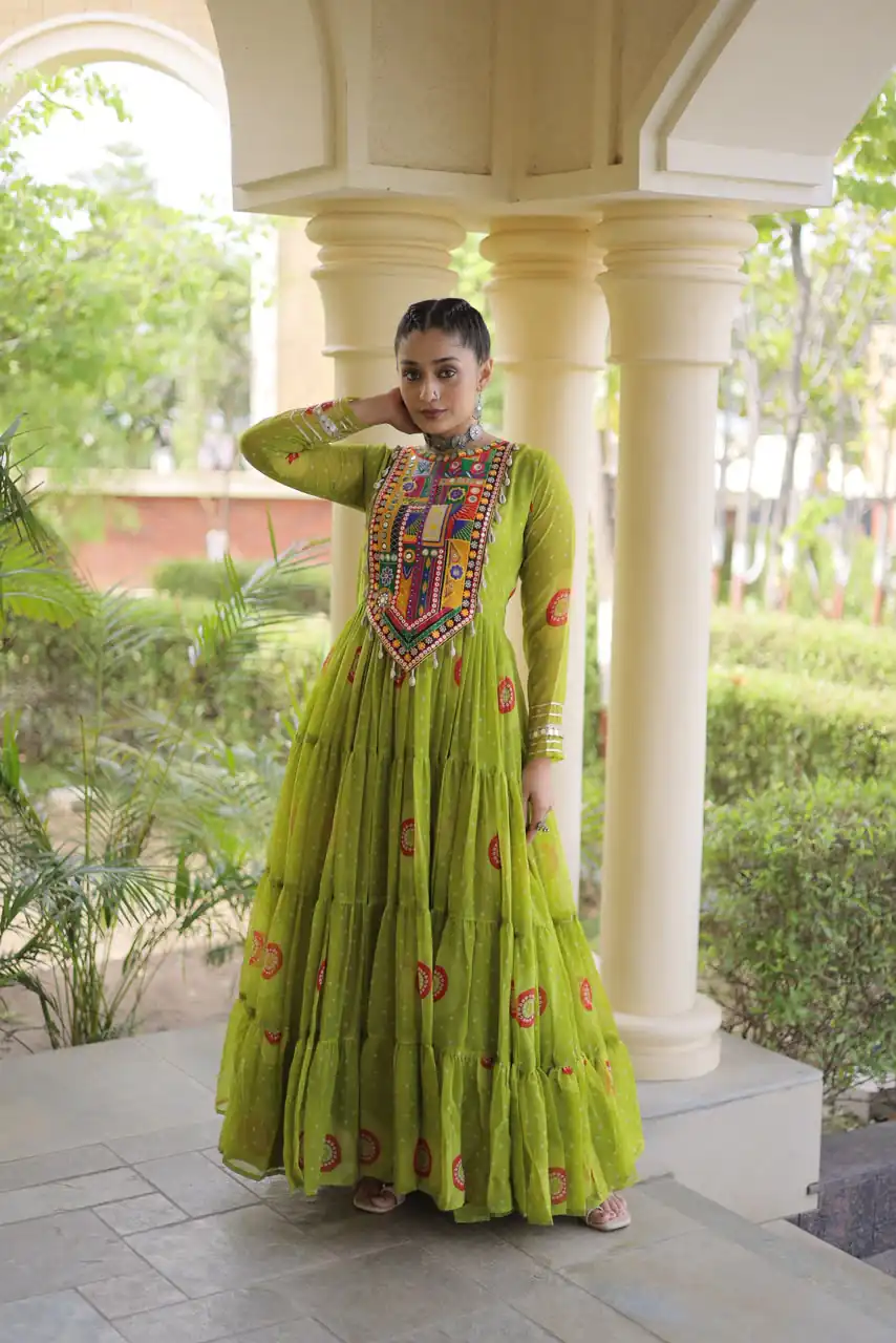 KA 1267 Green in Colour Faux Georgette Bandhani Print Work Gown. Available at ₹1919 only. Delivery 4-6 Working Days. Shop now. | Gowns, Bollywood Gowns, Creative Gowns, Designer Gowns, Embroidered Gowns, Party Wear Gowns